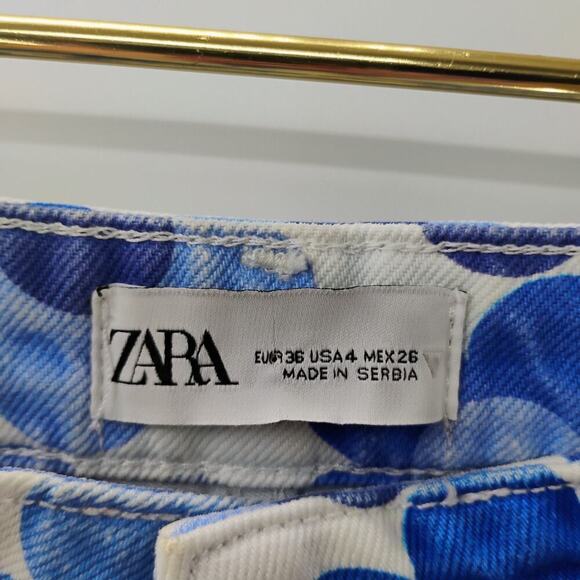 Zara Jeans Size 4 Blue White Flowers High Rise Straight Flat Front Pants Denim - Picture 9 of 13
